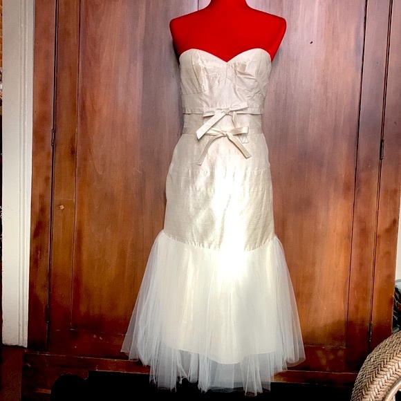ABS Evening Essentials Allen Schwartz Ivory Silk Tea Length Mermaid Dress 8 - Picture 1 of 16